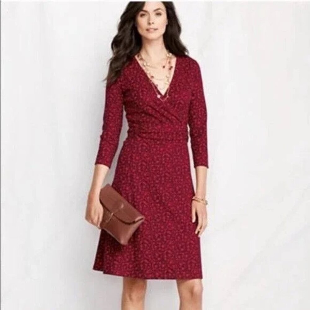 Lands End Dress Womens Large Red Jersey Faux Wrap Graphic Print Career Office